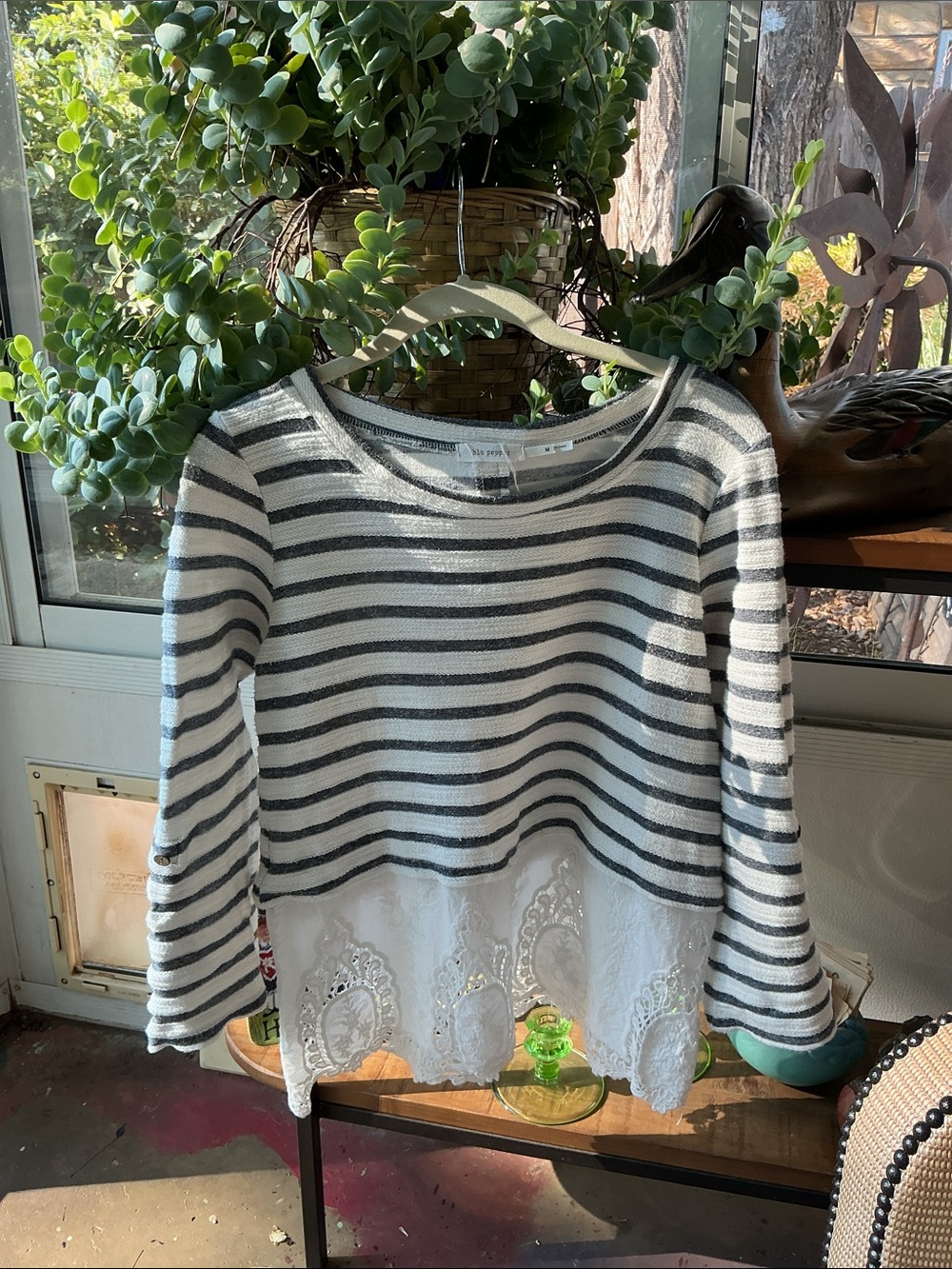 Striped Black & White Lace-Hem Top